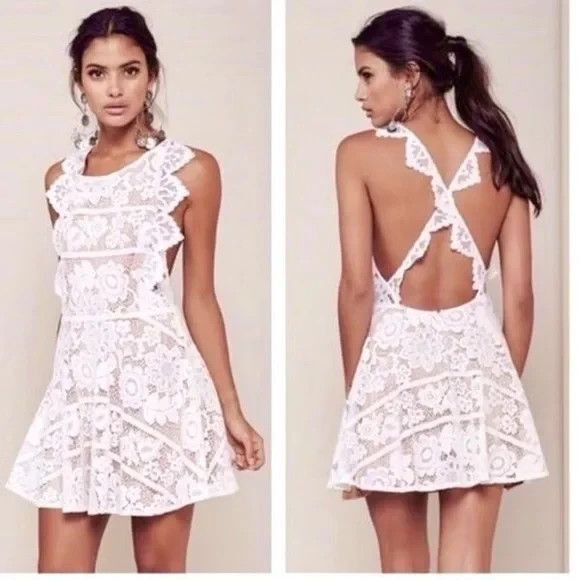 For Love & Lemons Dress Womens XS White Floral Lace Fit & Flare Open Back Mini - Picture 1 of 10